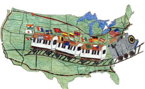 Tour logo, map of the US with a train and international flags.